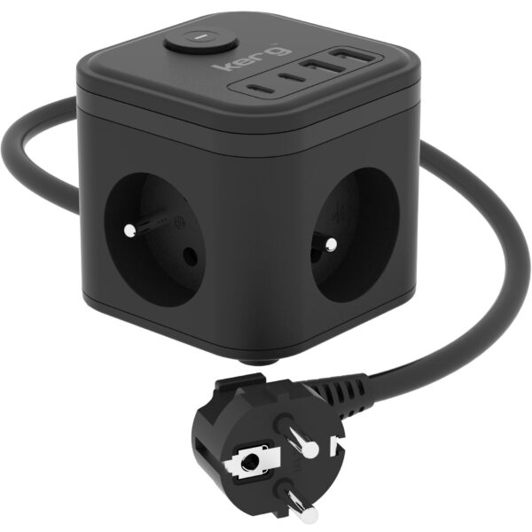 c7d95da24cb42e1bc9c66fec8a0d41f4 KERG 3-socket power cube + fast charger USB-A+USB-C 1.5m 3×1.5mm2 H05VV-F 16A/250V~ Smart black