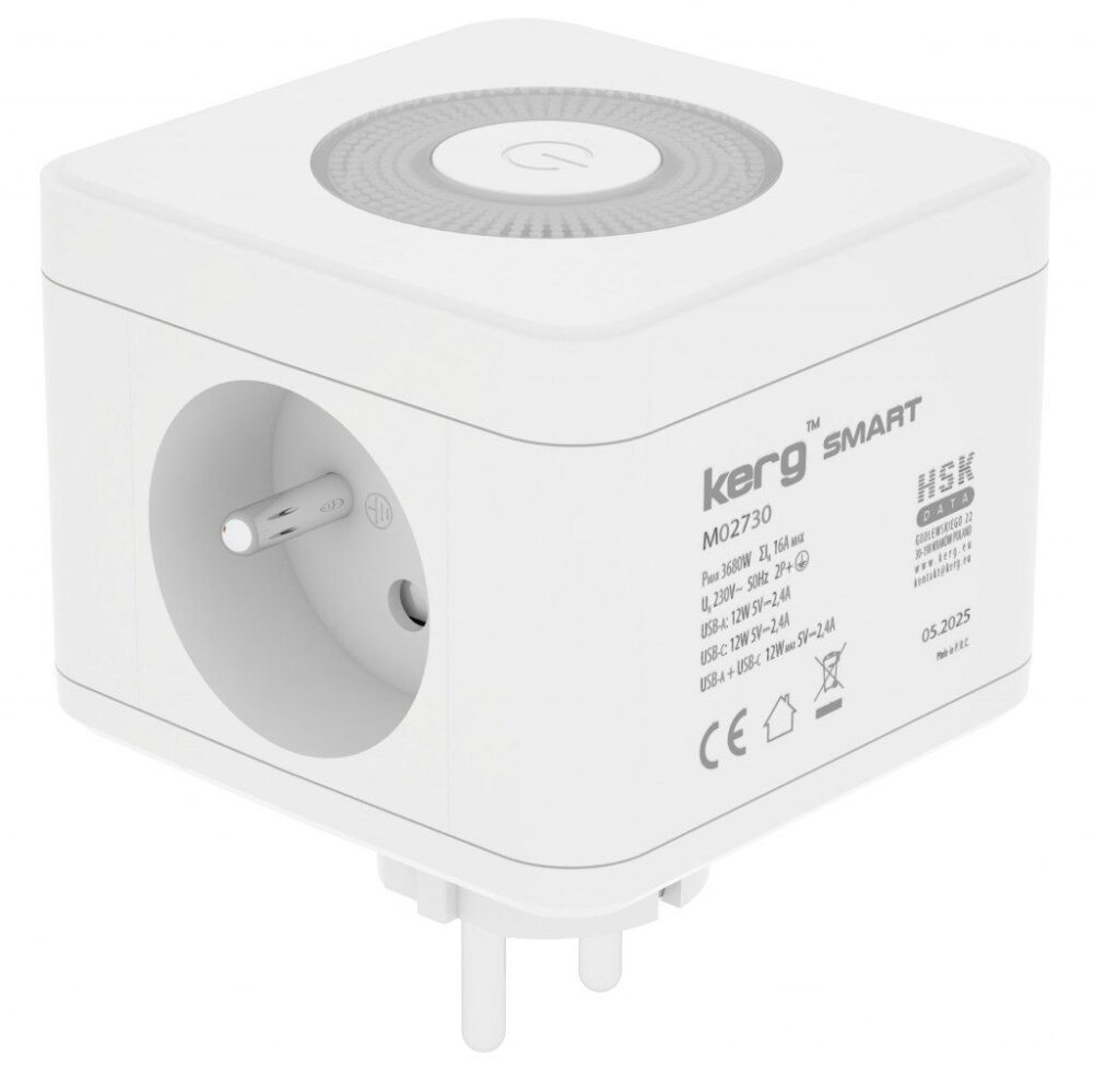 ca7f0c2bc27d2f7a935ae0bbb9bc0fa2 KERG Smart 2-socket power cube + USB-A + USB-C charger + LED lamp 16A/250V~ white