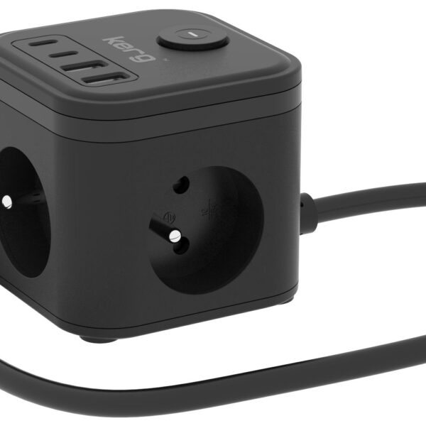 cdd10509597b850b50cea55398f78e99 KERG 3-socket power cube + fast charger USB-A+USB-C 1.5m 3×1.5mm2 H05VV-F 16A/250V~ Smart black