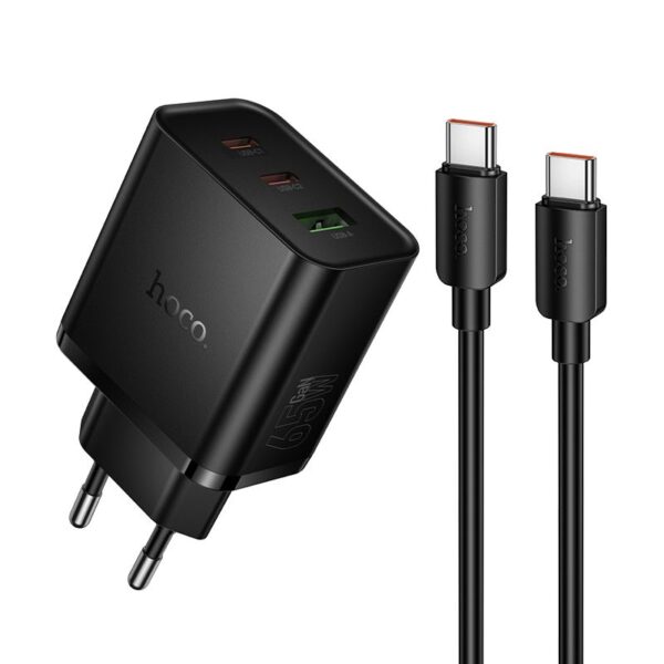 Phone charger Hoco 2x USB C + USB A QC3.0 PD 3A 65W + data cable USB C to USB C N75 black