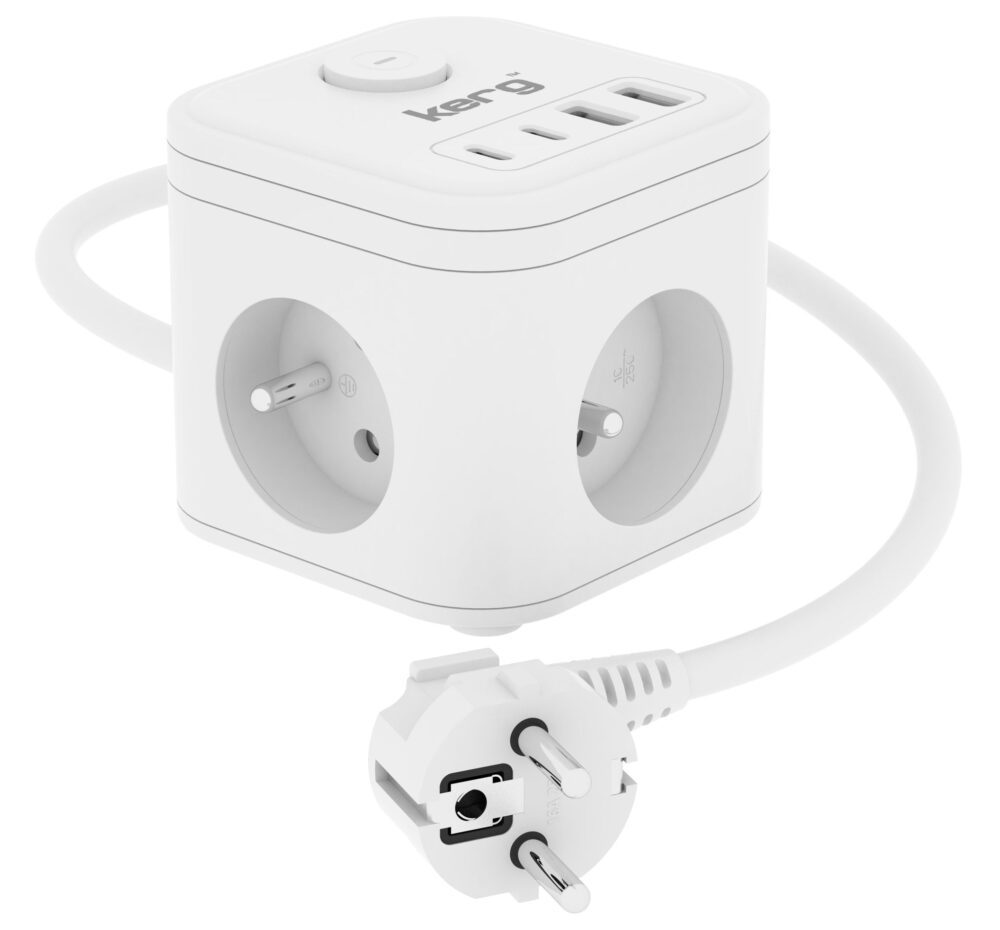 de8912c0ec0a3ca997c5aa2b79ee3785 KERG 3-socket power cube + USB-A+USB-C charger 1.5m 3×1.5mm2 H05VV-F 16A/250V~ Smart white