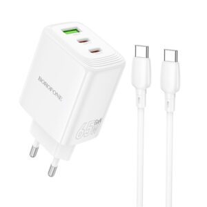 Borofone Wall charger BN32 Cargador GaN - USB + 2xType C - QC 3.0 PD 65W with Type C to Type C white