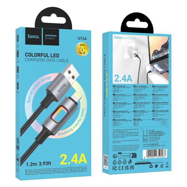 LED Cable USB A to Lightning Hoco 2,4A 1,2 m U144 black