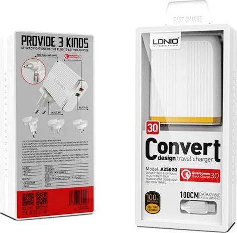 LDNIO A2502Q ΦΟΡΤΙΣΤΗΣ QC3.0 2 PORTS + 1M LIGHTNING CABLE, 18W
