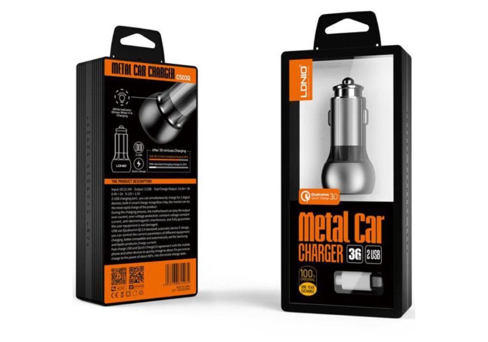 11373 LDNIO C503Q ΦΟΡΤΙΣΤΗΣ ΑΥΤΟΚΙΝΗΤΟΥ QC3.0, 2 PORTS + 1M LIGHTNING CABLE