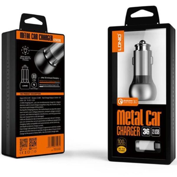 11373 LDNIO C503Q ΦΟΡΤΙΣΤΗΣ ΑΥΤΟΚΙΝΗΤΟΥ QC3.0, 2 PORTS + 1M LIGHTNING CABLE
