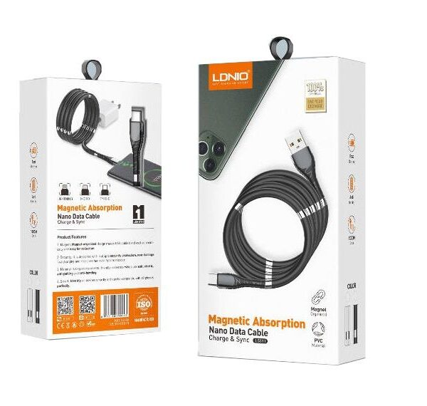 LDNIO ΚΑΛΩΔΙΟ ΦΟΡΤΙΣΗΣ LS511 ΜΕ ΜΑΓΝΗΤΕΣ, LIGHTNING, ΜΑΥΡΟ