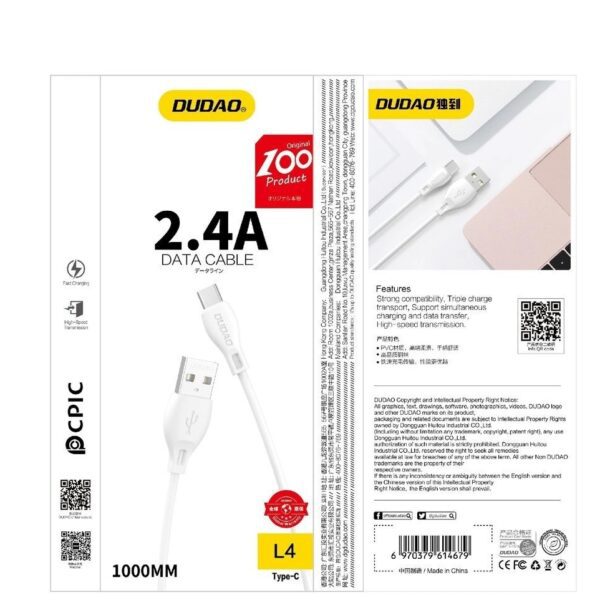 Dudao USB / Lightning cable 2.4A 1m white (L4L 1m white)eng