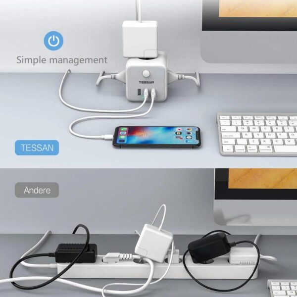 TESSAN TS301 ΠΟΛΥΜΠΡΙΖΟ 3 ΘΕΣΕΩΝ, 3 USB, ΓΚΡΙ/ΛΕΥΚΟ