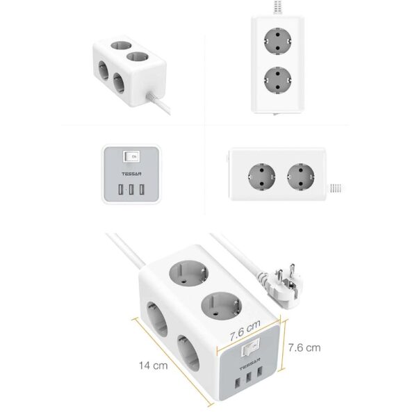 TESSAN TS306 ΠΟΛΥΜΠΡΙΖΟ 6 ΘΕΣΕΩΝ, 3 USB, ΓΚΡΙ/ΛΕΥΚΟ