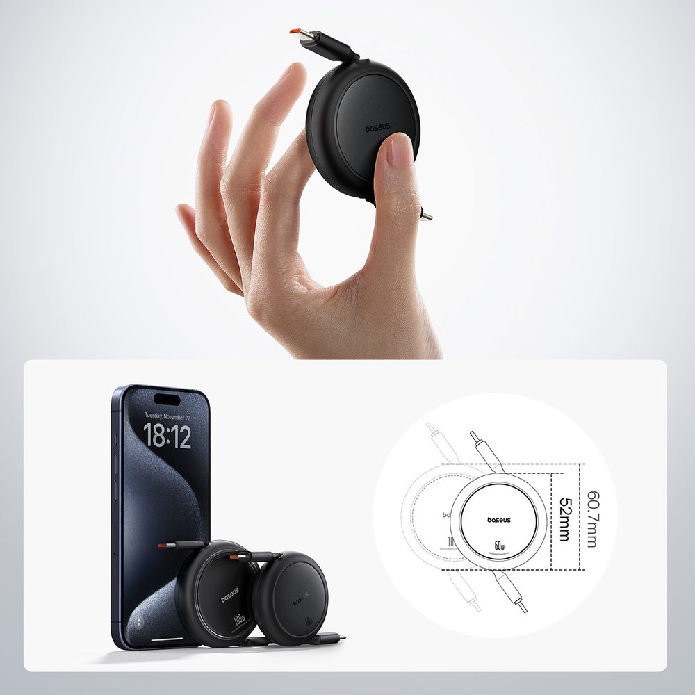 Baseus Free2Pull 60W USB-C Retractable Cable - USB-C 1m - Blackeng