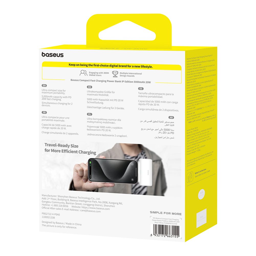 Baseus Compact 5000mAh 20W Powerbank with Lightning Connector and USB-C Socket - Whiteeng