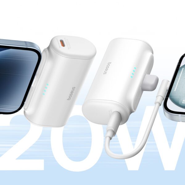 Baseus Compact 5000mAh 20W Powerbank with Lightning Connector and USB-C Socket - Whiteeng