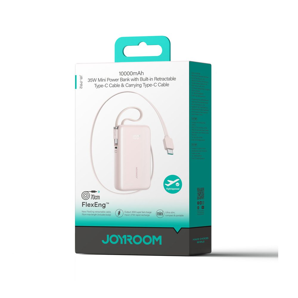 Joyroom JR-PR2L 10000mAh 35W Power Bank with Built-in Retractable USB-C Cable and USB-C Lanyard Cable - Pinkeng