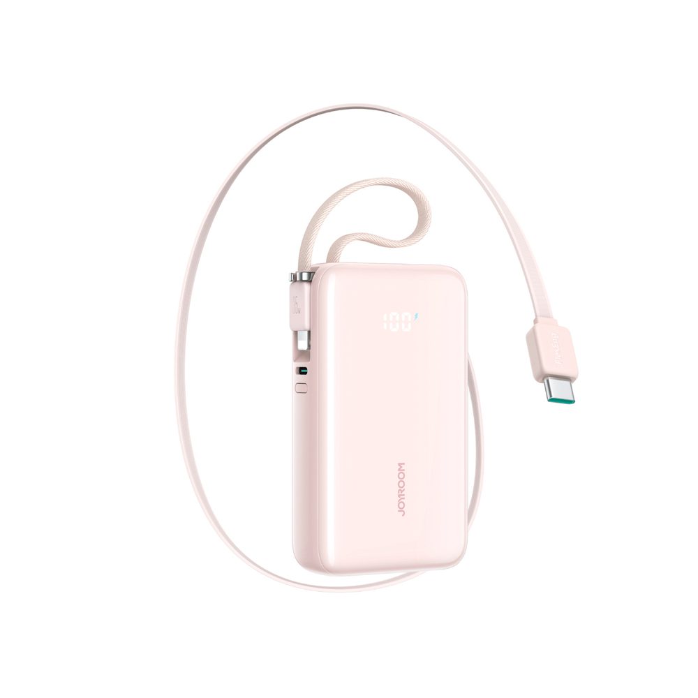 Joyroom JR-PR2L 10000mAh 35W Power Bank with Built-in Retractable USB-C Cable and Lightning Lanyard Cable - Pinkeng