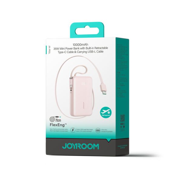Joyroom JR-PR2L 10000mAh 35W Power Bank with Built-in Retractable USB-C Cable and Lightning Lanyard Cable - Pinkeng