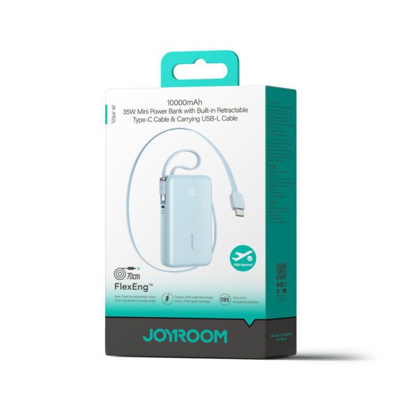 Joyroom JR-PR2L 10000mAh 35W Power Bank with Built-in Retractable USB-C Cable and Lightning Lanyard Cable - Blueeng