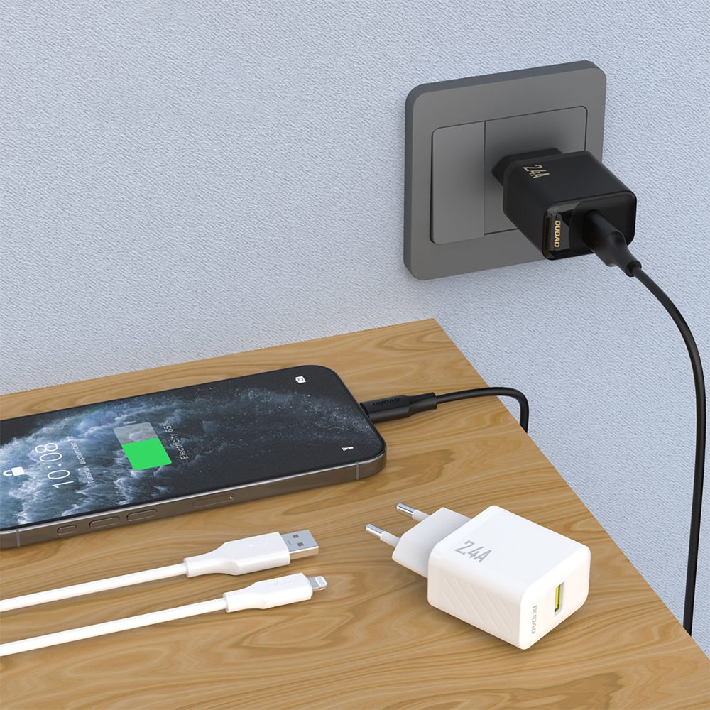 Dudao A23LEU 2.4A GaN EU USB-A Wall Charger with USB-A to Lightning Cable - Blackeng