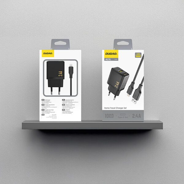 Dudao A23LEU 2.4A GaN EU USB-A Wall Charger with USB-A to Lightning Cable - Blackeng