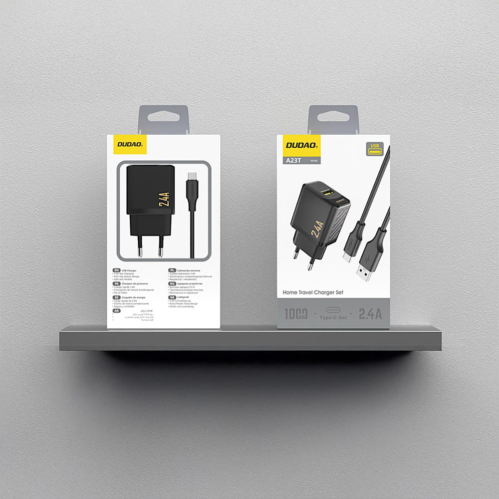 Dudao A23TEU 2.4A GaN USB-A Wall Charger with USB-A - USB-C Cable - Blackeng