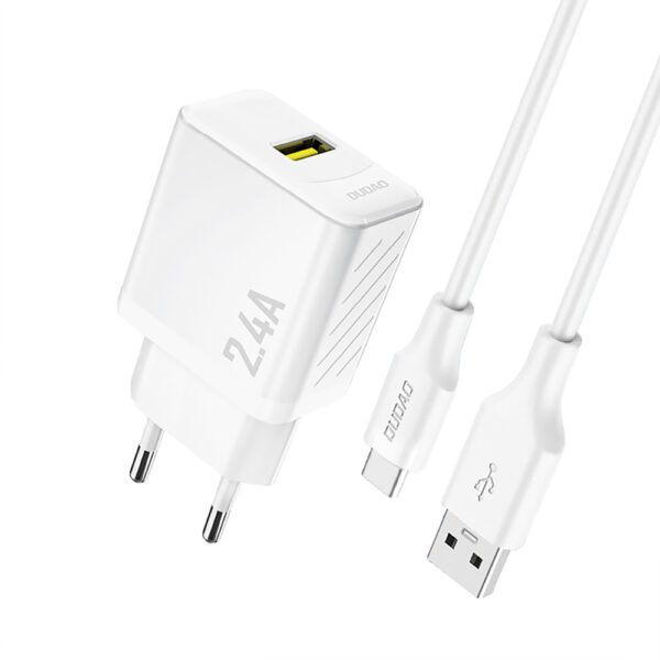 Dudao A23TEU 2.4A GaN USB-A Wall Charger with USB-A - USB-C Cable - Whiteeng