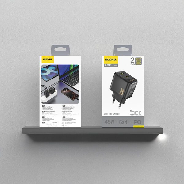 204499_4 Dudao A28PEU PD 45W GaN 2xUSB Wall Charger - Blackeng