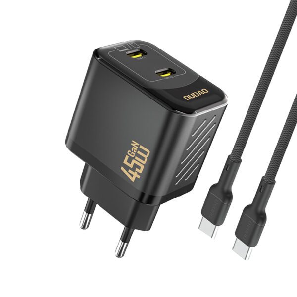Dudao A28PCEU PD 45W GaN 2xUSB-C Wall Charger with USB-C Cable - Blackeng
