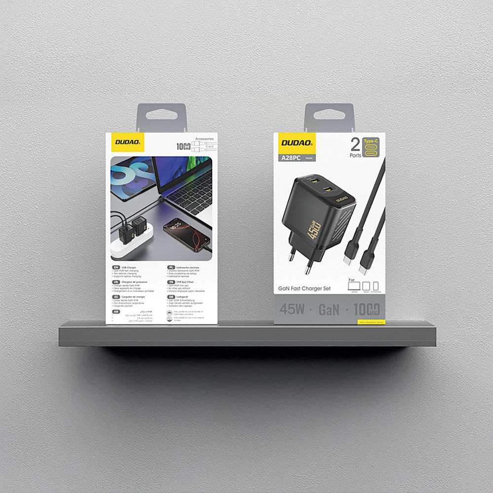 Dudao A28PCEU PD 45W GaN 2xUSB-C Wall Charger with USB-C Cable - Blackeng