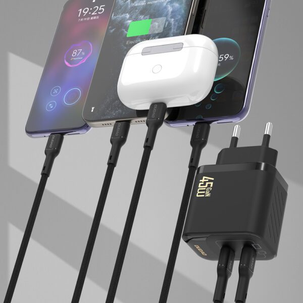 Dudao A28PCEU PD 45W GaN 2xUSB-C Wall Charger with USB-C Cable - Blackeng
