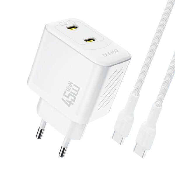Dudao A28PCEU PD 45W GaN 2xUSB-C Wall Charger with USB-C Cable - Whiteeng