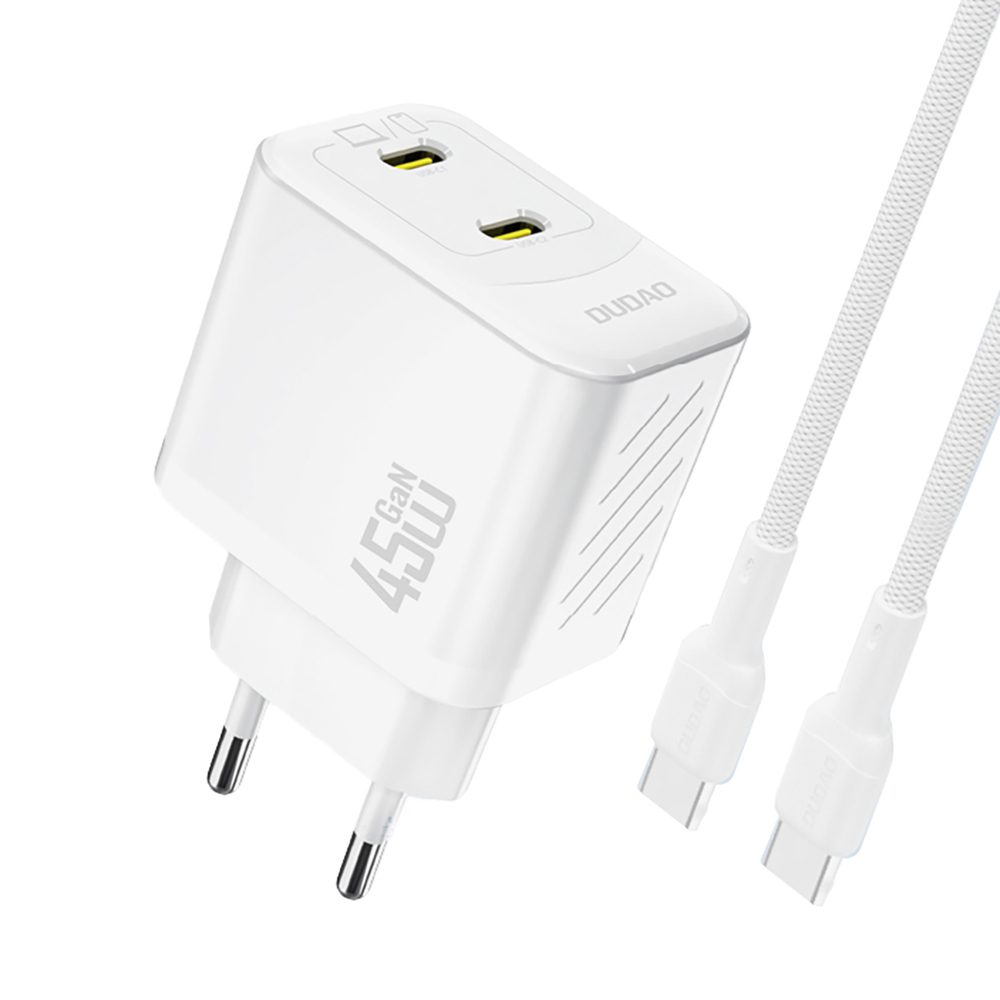 Dudao A28PCEU PD 45W GaN 2xUSB-C Wall Charger with USB-C Cable - Whiteeng