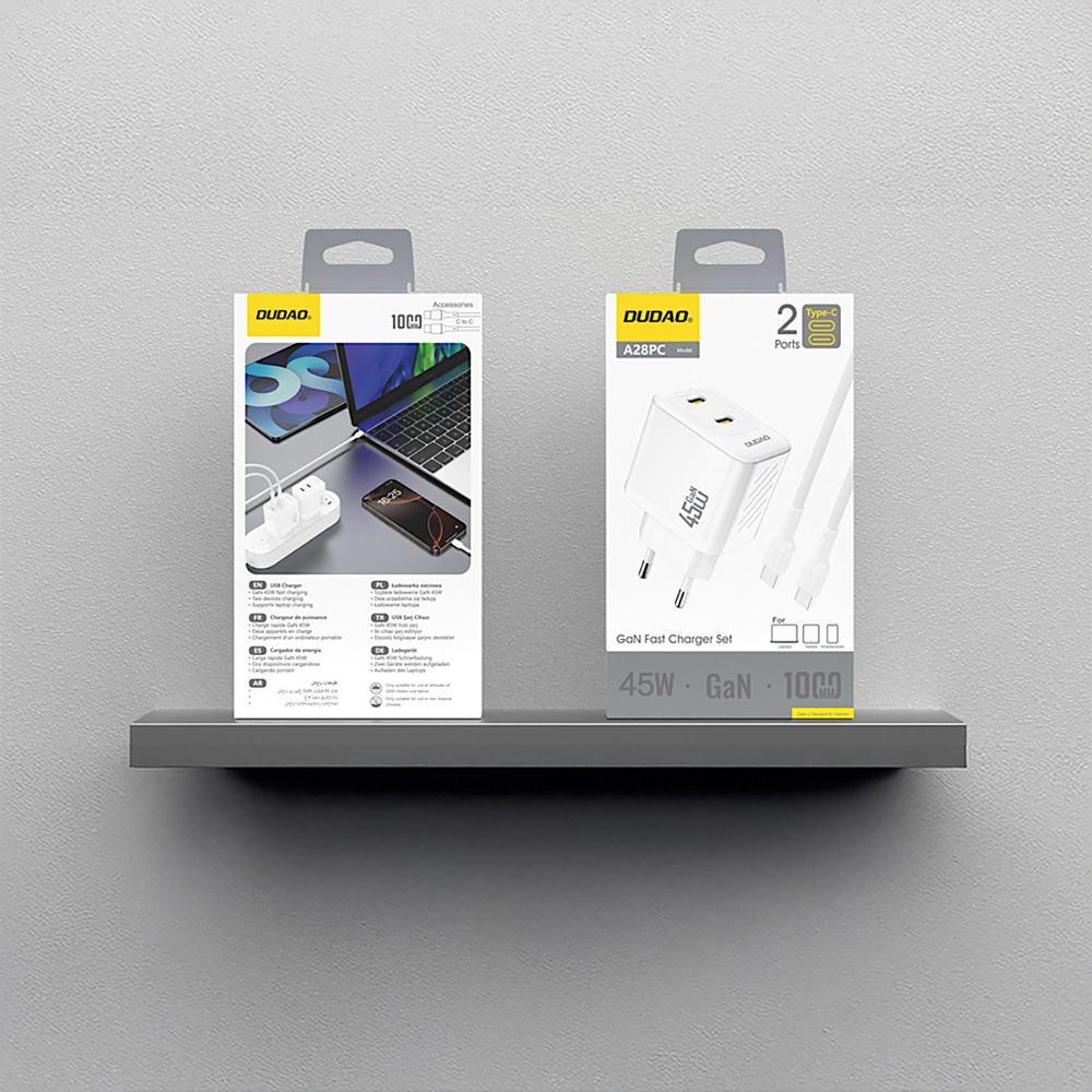 Dudao A28PCEU PD 45W GaN 2xUSB-C Wall Charger with USB-C Cable - Whiteeng