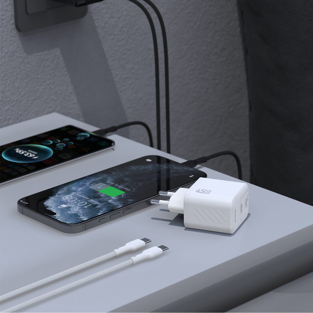 Dudao A28PCEU PD 45W GaN 2xUSB-C Wall Charger with USB-C Cable - Whiteeng