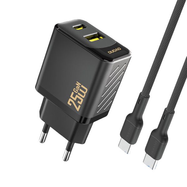 Dudao A26TCEU PD QC 25W GaN USB-A USB-C Wall Charger with USB-C Cable - Blackeng
