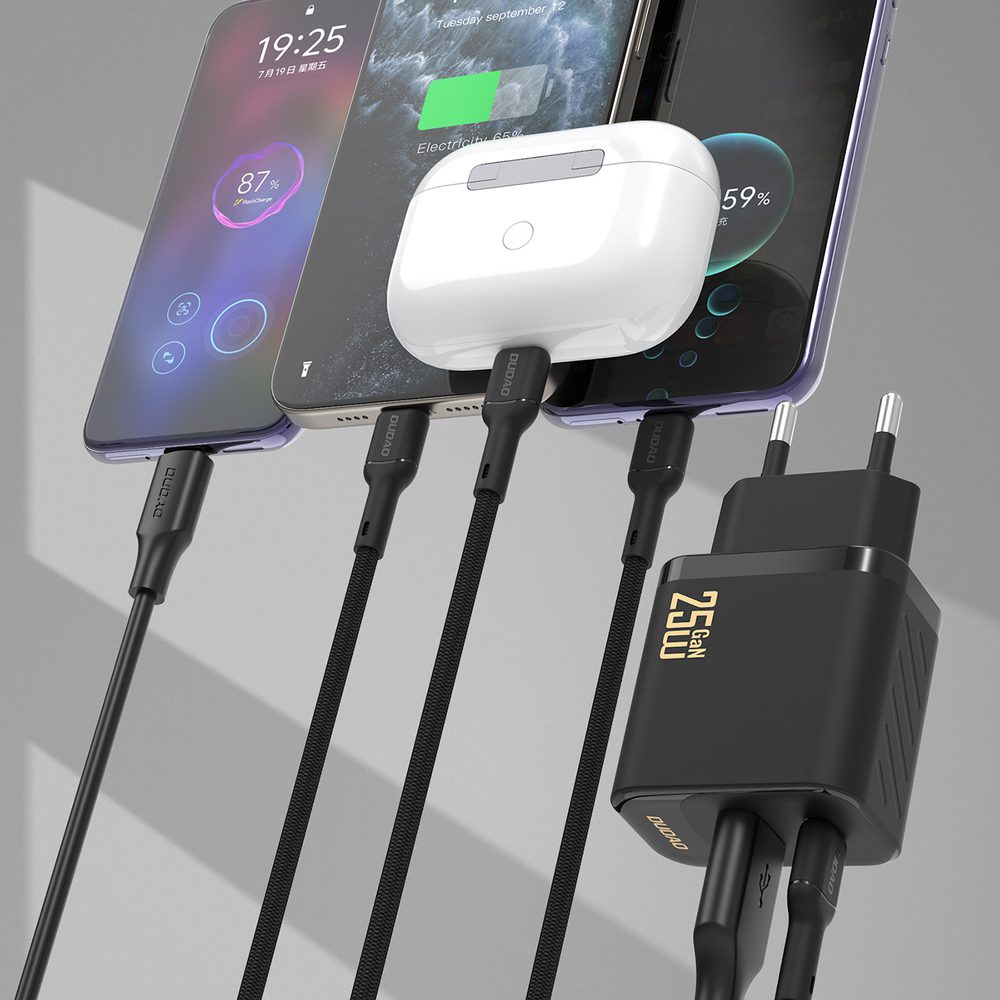 Dudao A26TCEU PD QC 25W GaN USB-A USB-C Wall Charger with USB-C Cable - Blackeng