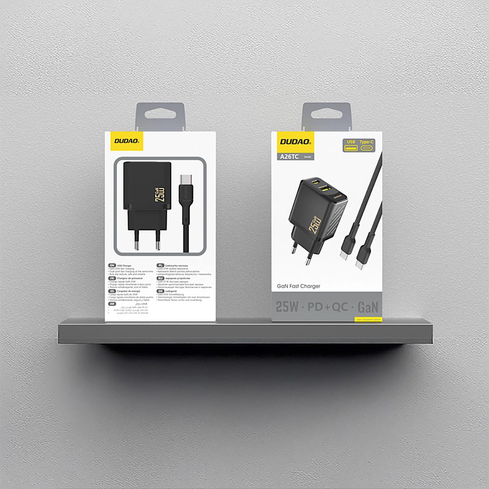 Dudao A26TCEU PD QC 25W GaN USB-A USB-C Wall Charger with USB-C Cable - Blackeng