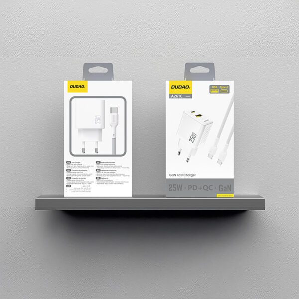 Dudao A26TCEU PD QC 25W GaN USB-A USB-C Wall Charger with USB-C Cable - Whiteeng