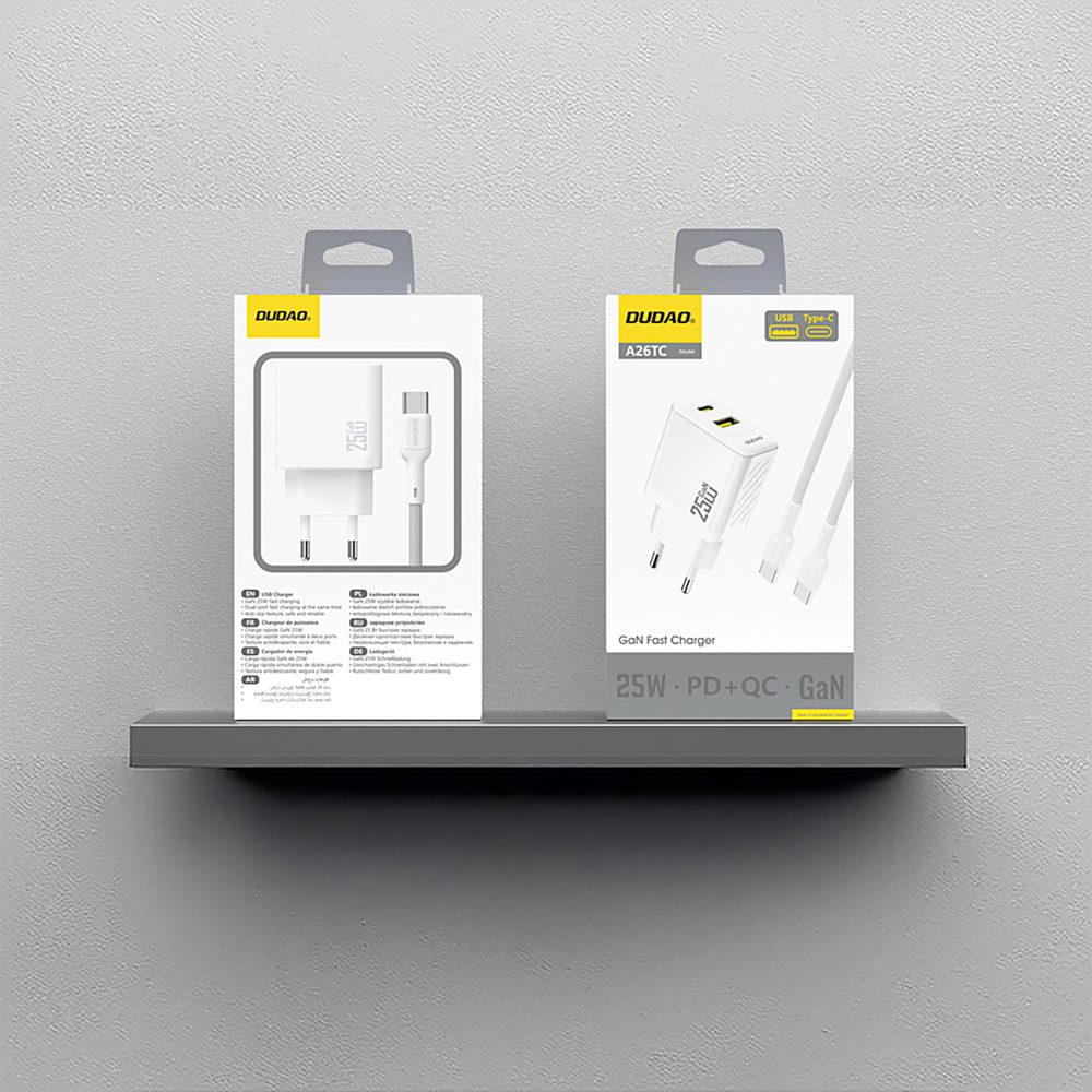 Dudao A26TCEU PD QC 25W GaN USB-A USB-C Wall Charger with USB-C Cable - Whiteeng