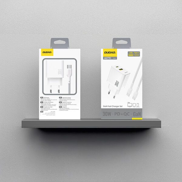 Dudao A27TCEU PD 30W GaN USB-A USB-C Wall Charger with USB-C Cable - Whiteeng