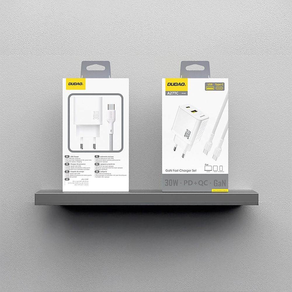 Dudao A27TCEU PD 30W GaN USB-A USB-C Wall Charger with USB-C Cable - Whiteeng