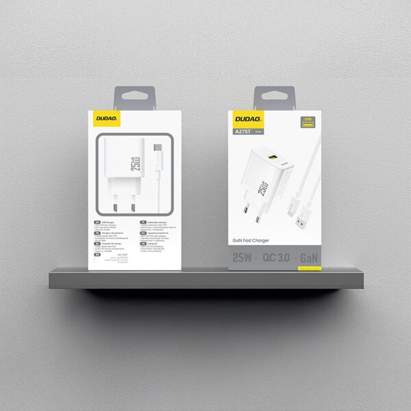 Dudao A27STEU 25W GaN USB-A Wall Charger with USB-A - USB-C Cable - Whiteeng
