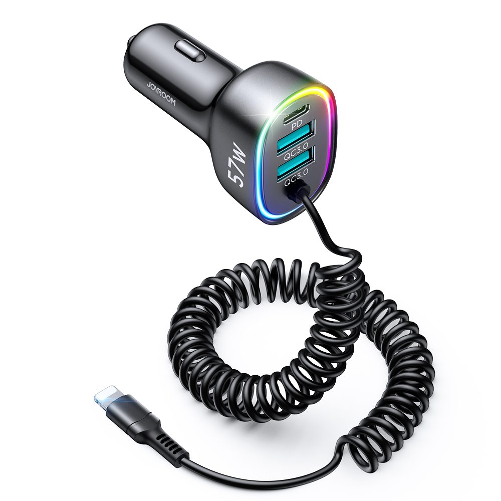 Joyroom fast car charger 4 in 1 PD, QC3.0, AFC, FCP with Lightning cable 1.6m 57W black (JR-CL20)eng