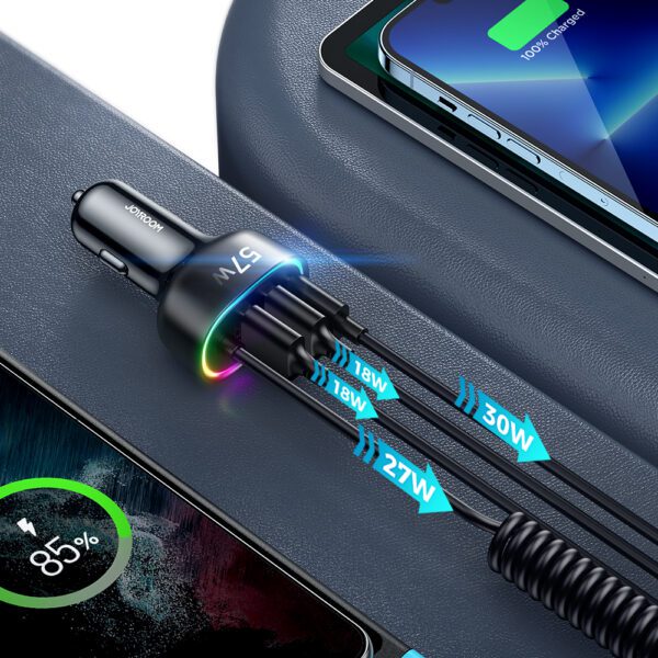 Joyroom fast car charger 4 in 1 PD, QC3.0, AFC, FCP with Lightning cable 1.6m 57W black (JR-CL20)eng