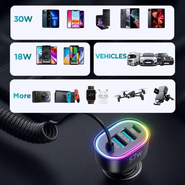 Joyroom fast car charger 4 in 1 PD, QC3.0, AFC, FCP with Lightning cable 1.6m 57W black (JR-CL20)eng