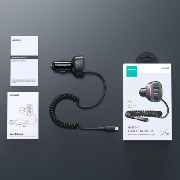 Joyroom fast car charger 4 in 1 PD, QC3.0, AFC, FCP with Lightning cable 1.6m 57W black (JR-CL20)eng