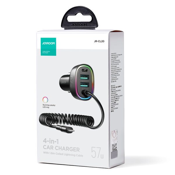 Joyroom fast car charger 4 in 1 PD, QC3.0, AFC, FCP with Lightning cable 1.6m 57W black (JR-CL20)eng