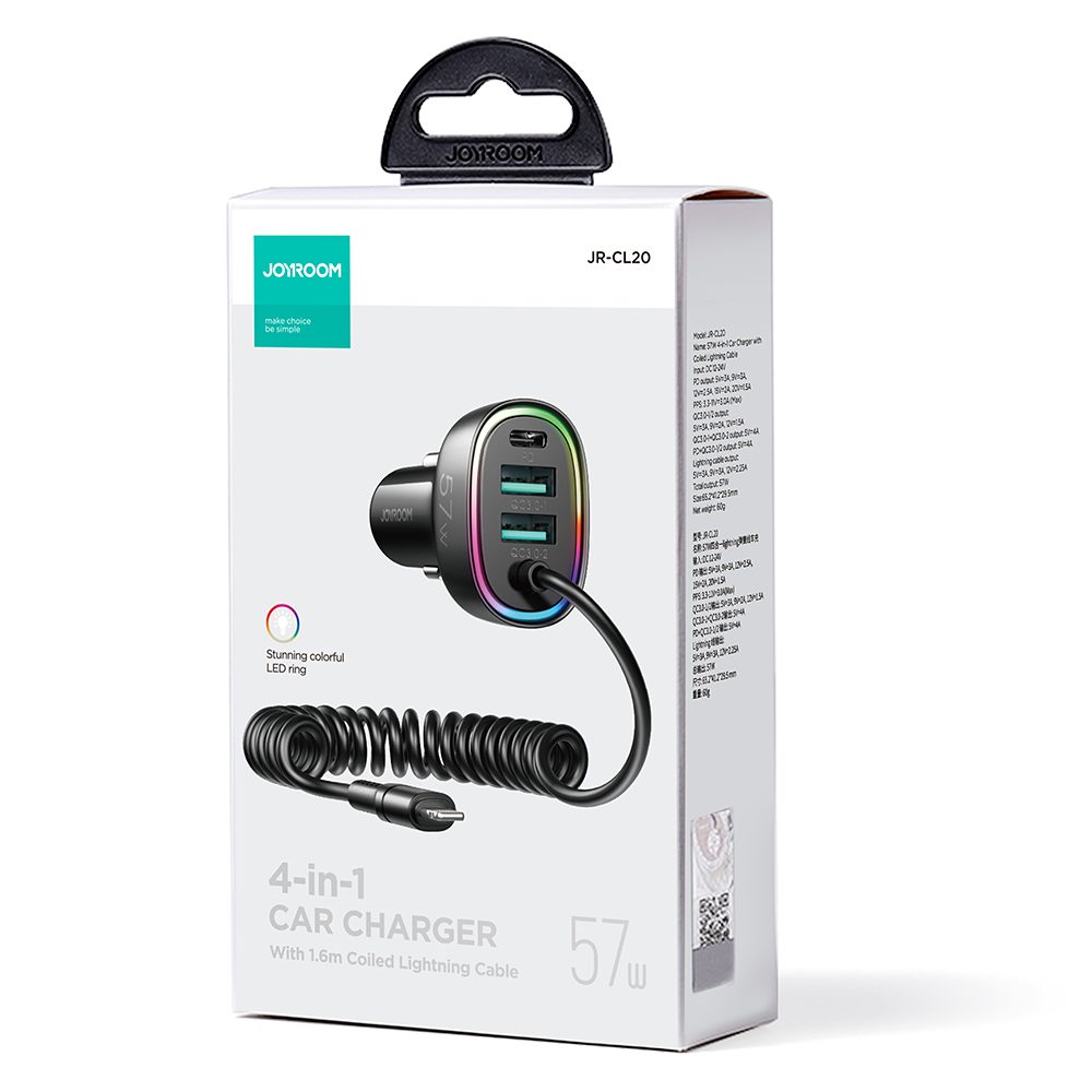 Joyroom fast car charger 4 in 1 PD, QC3.0, AFC, FCP with Lightning cable 1.6m 57W black (JR-CL20)eng