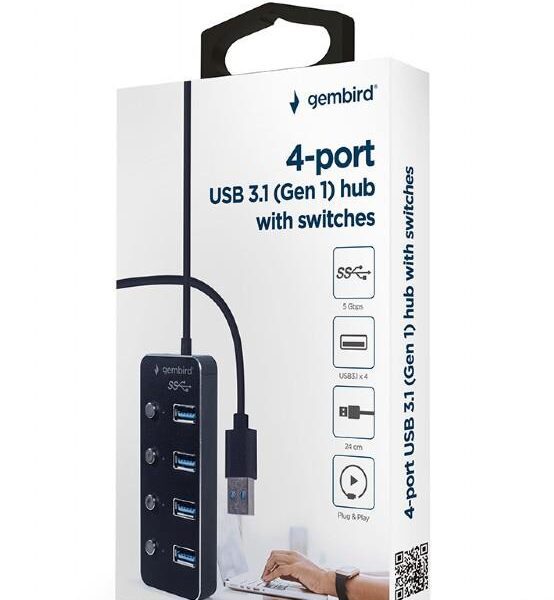 GEMBIRD USB HUB 3.1 ΜΕ ΔΙΑΚΟΠΤΕΣ, 4 PORT, ΜΑΥΡΟ