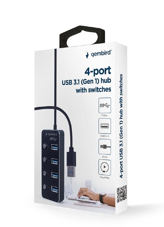 GEMBIRD USB HUB 3.1 ΜΕ ΔΙΑΚΟΠΤΕΣ, 4 PORT, ΜΑΥΡΟ