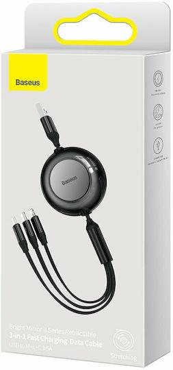 BASEUS BRIGHT MIRROR 2 SERIES, 3 ΣΕ 1, RETRACTABLE, TYPE-C + MICRO USB + LIGHTNING, 3.5A,  1.1M, ΜΑΥΡΟ